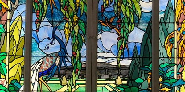 Colorful stained glass window featuring a peacock, lush greenery, and blue skies, highlighting artistry in Window Repairs Dub