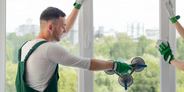 Two workers in green overalls repair a window, using tools against a backdrop of greenery and city buildings